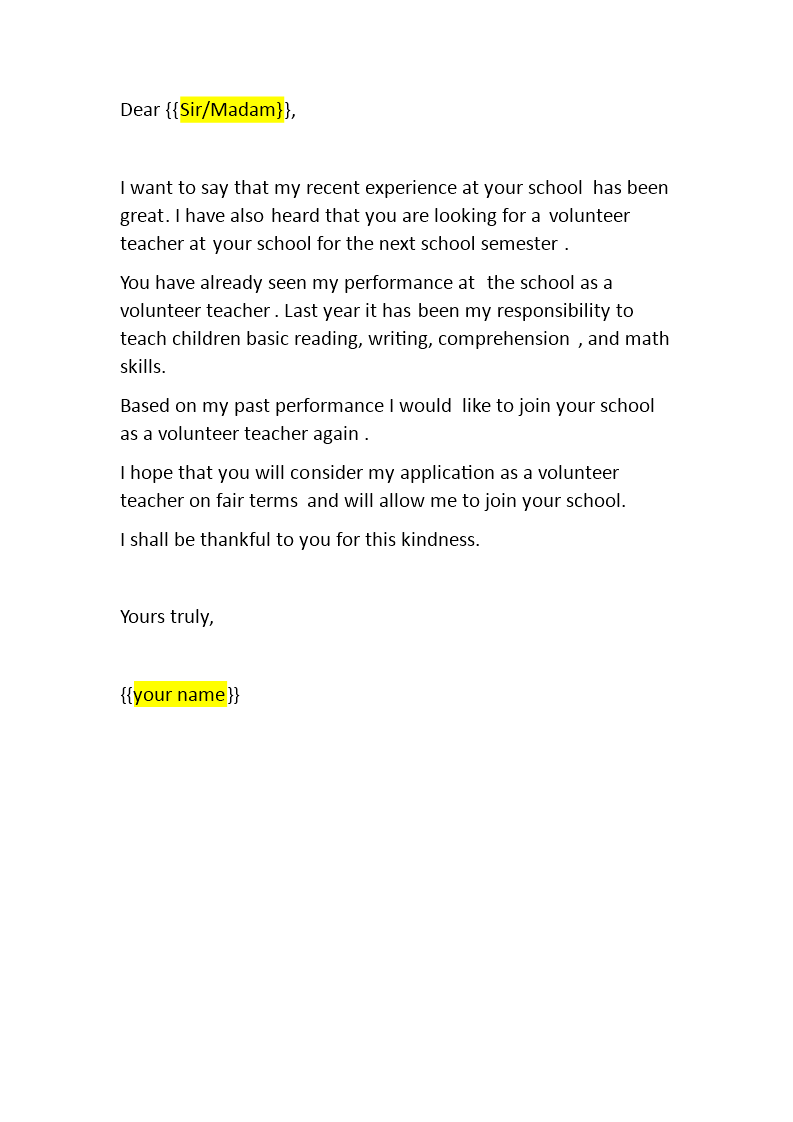 Application Letter For Volunteer Teacher