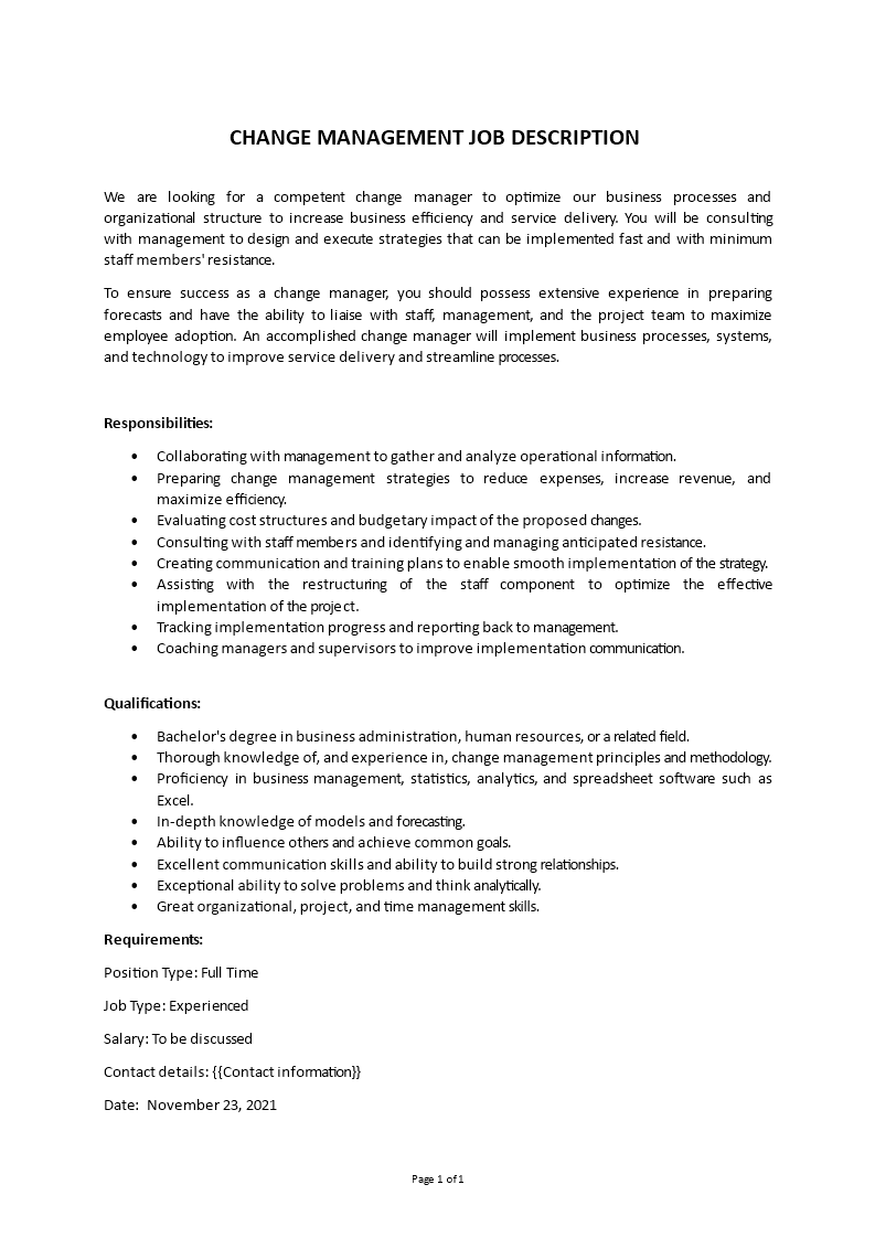 change management job description Main Image change management job description template