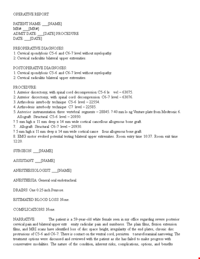 Patient Operative Report Example