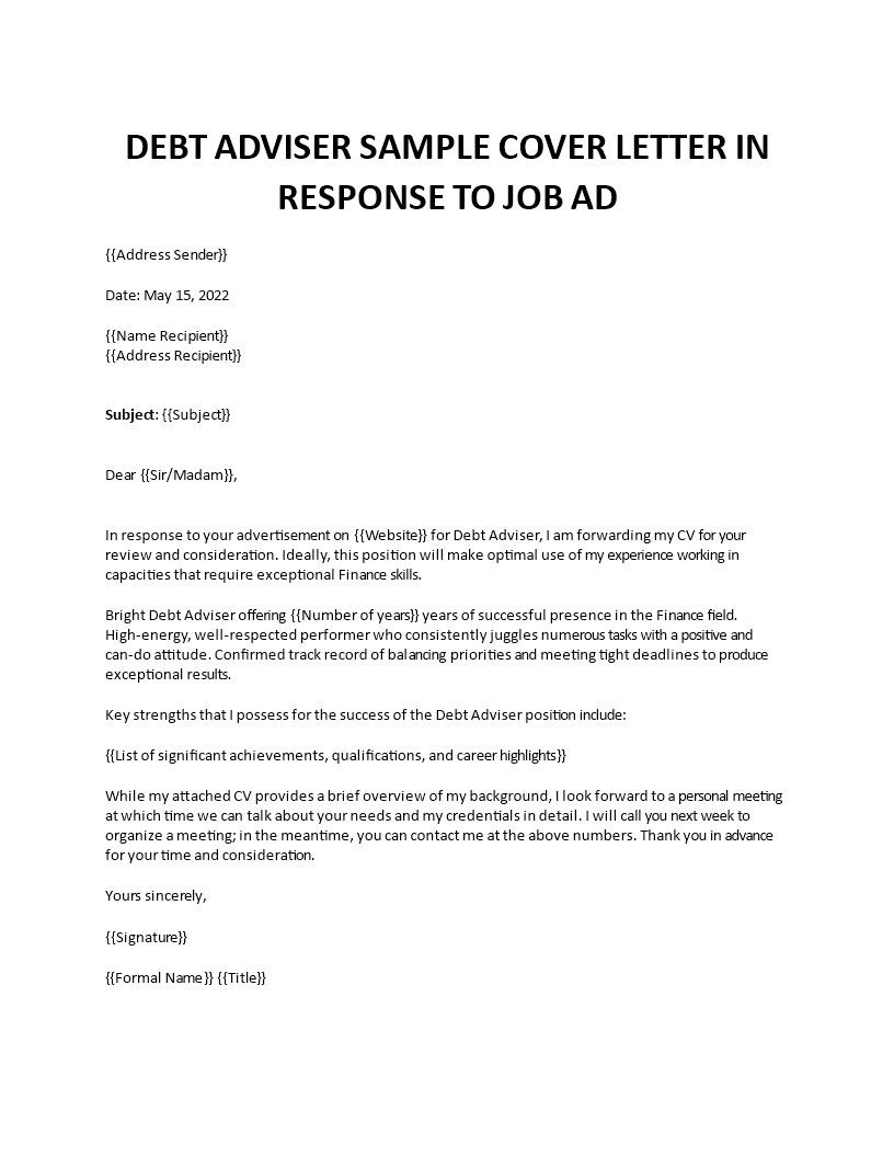 debt adviser sample cover letter