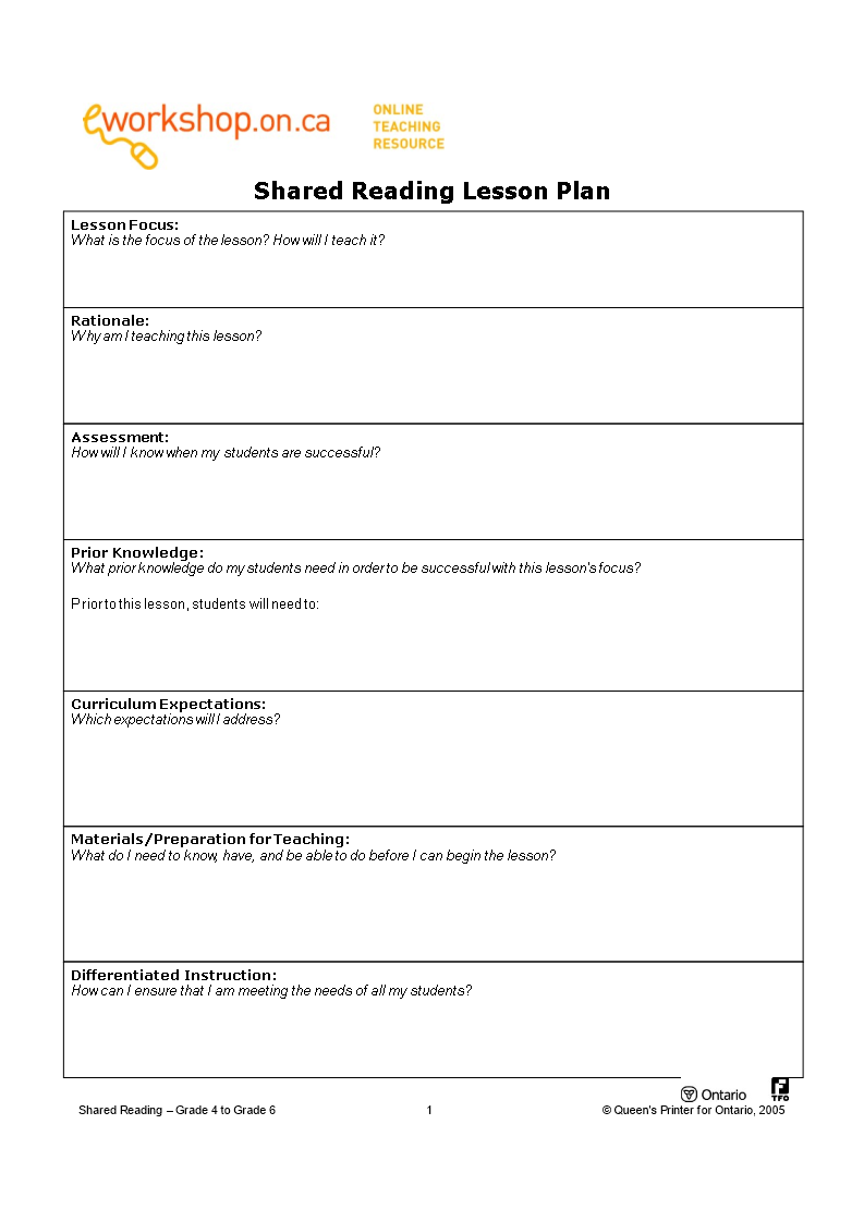 Shared reading lesson plan