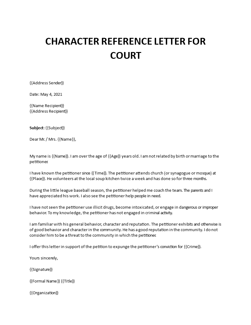 Character reference letter for court