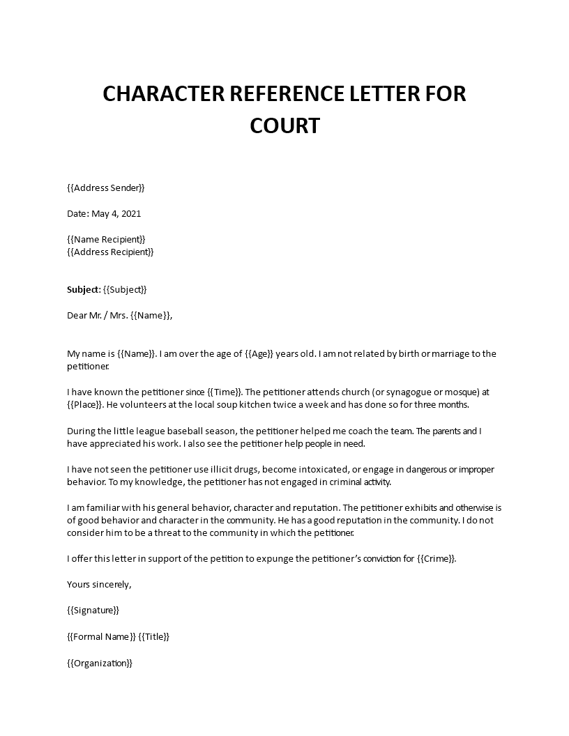 Character Reference Letter For Court