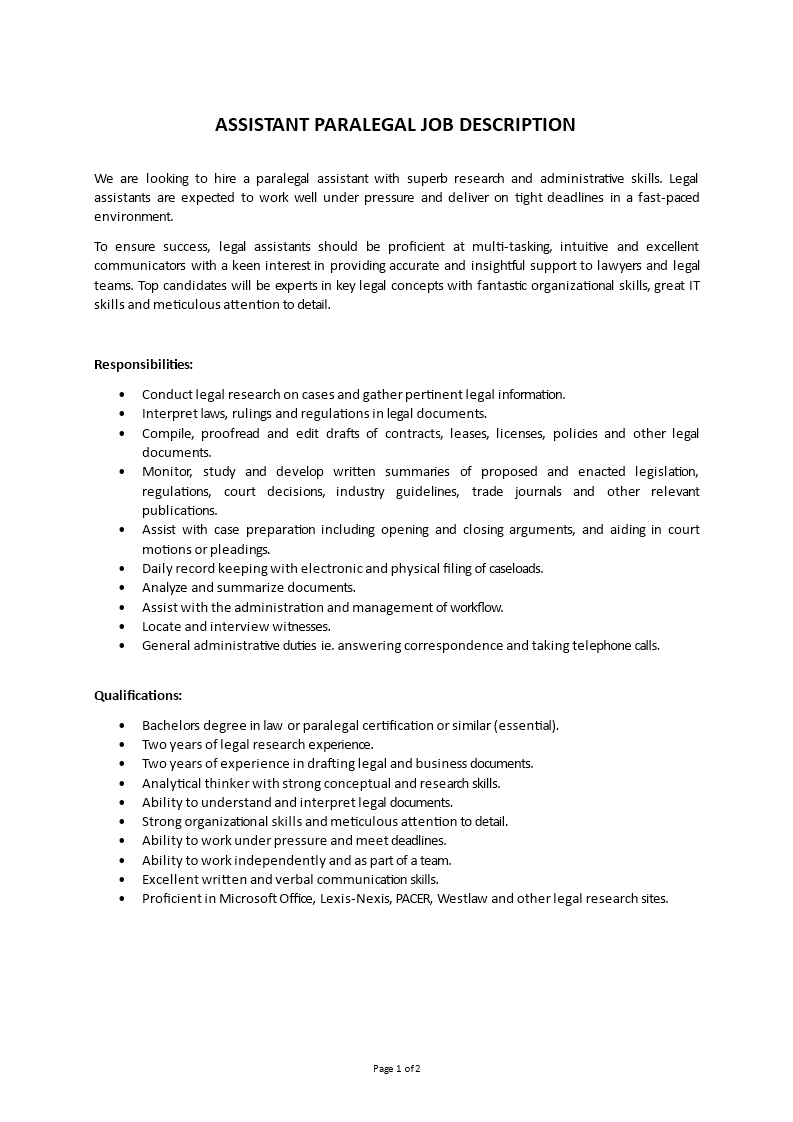 paralegal assistant job description template