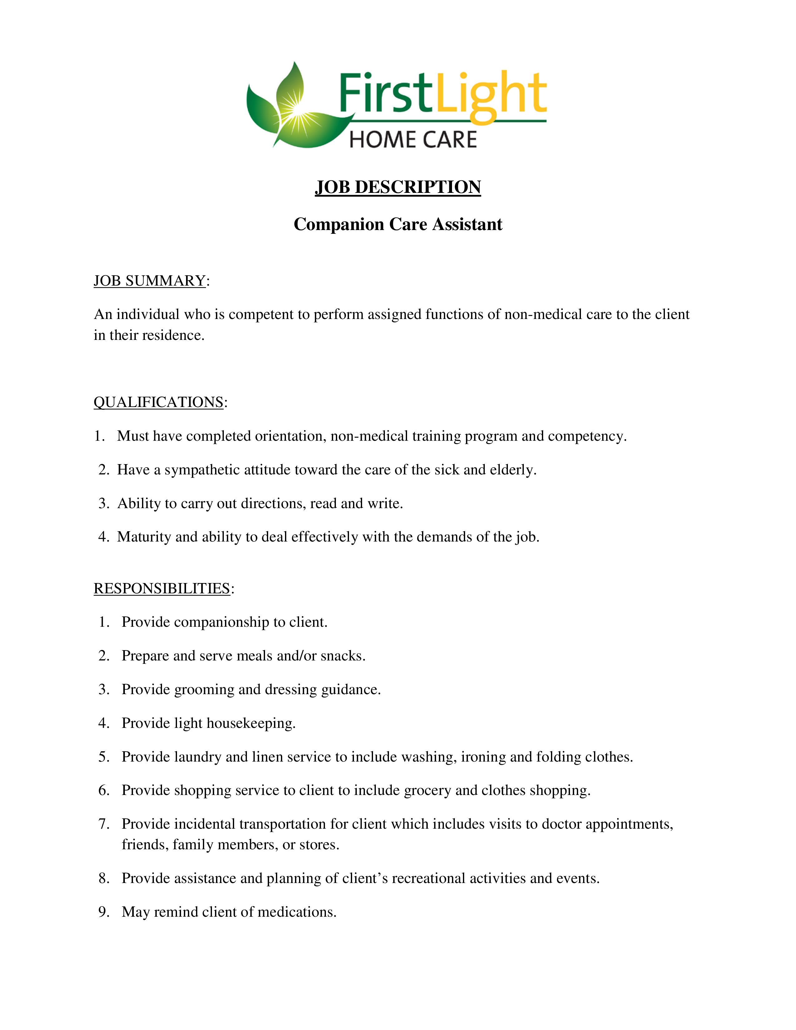 Companion caregiver job description client support and ability to