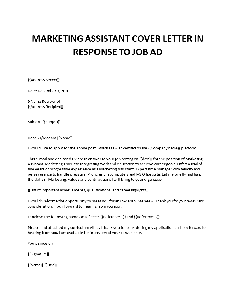 marketing assistant cover letter template