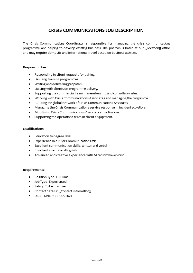 crisis communications coordinator job description template