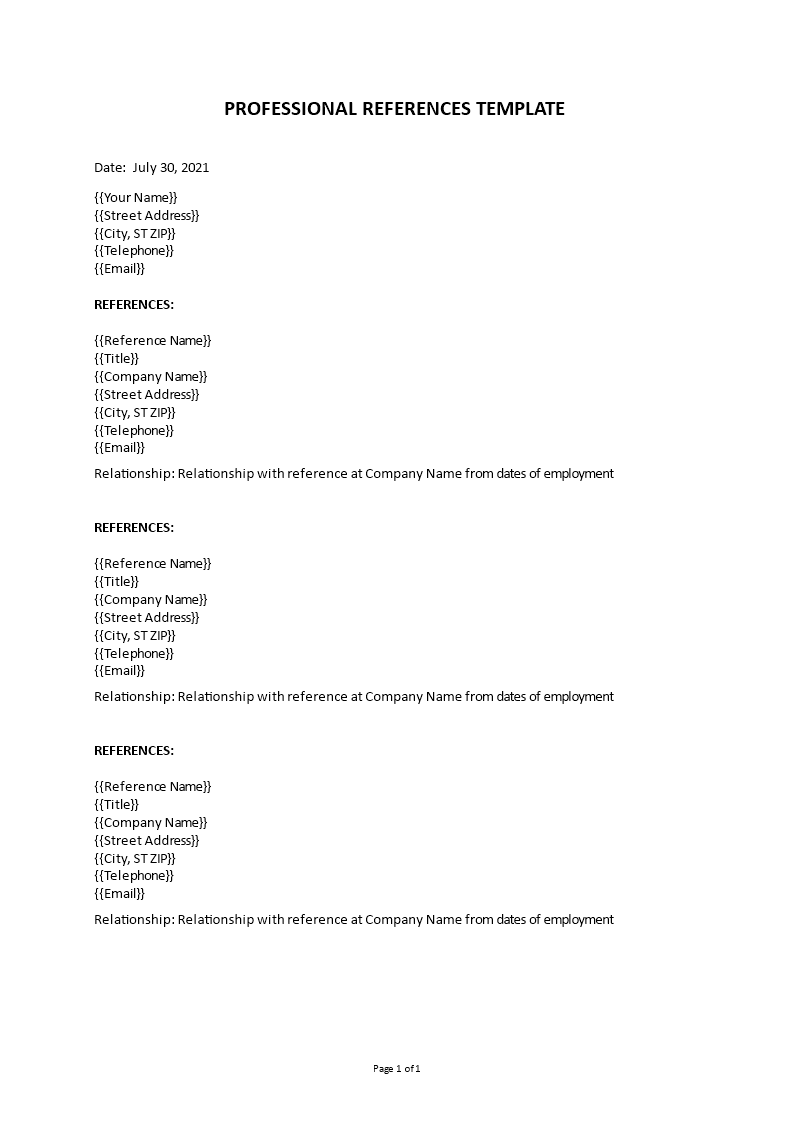 professional references template