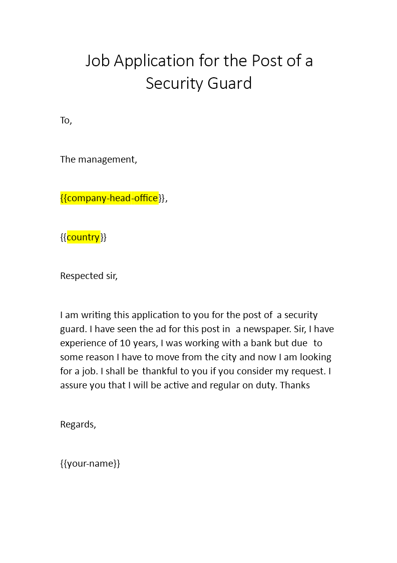 application letter for the post of security guard