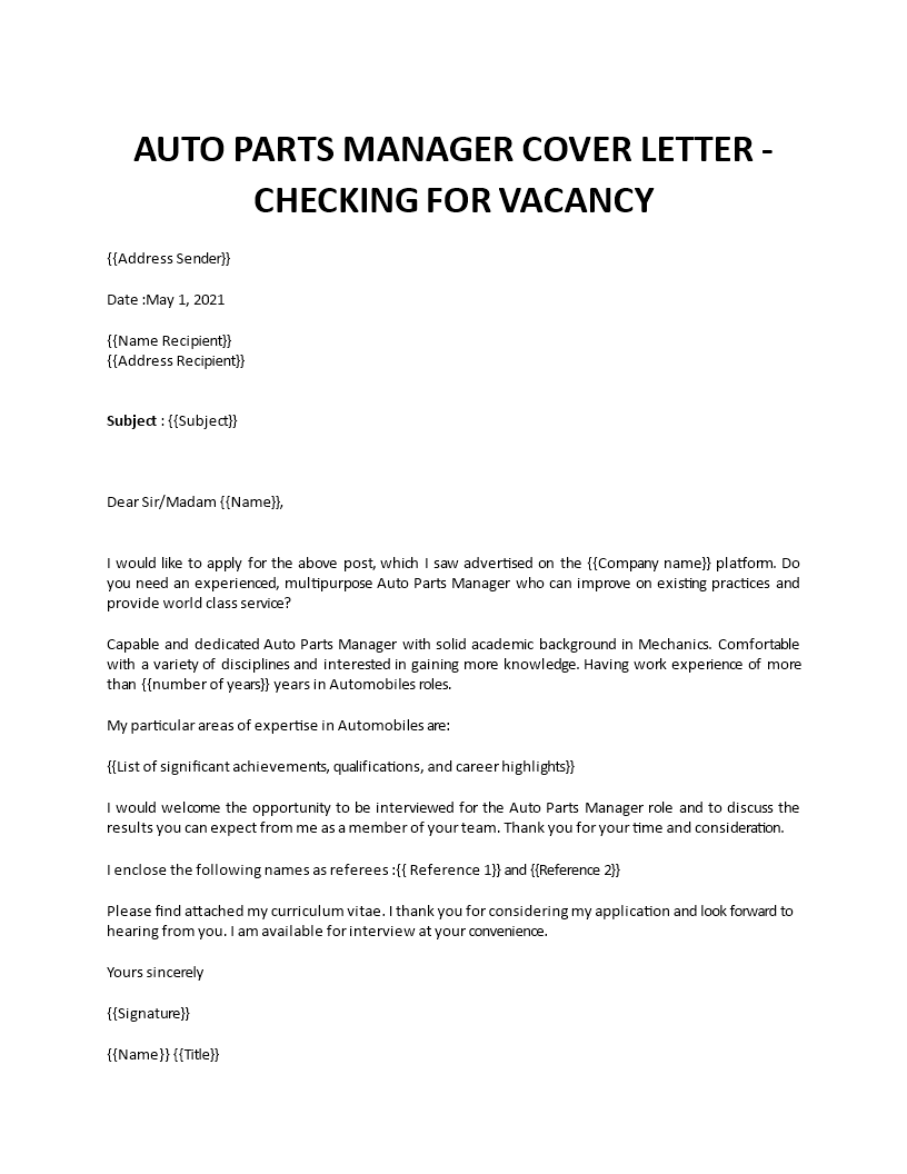 cover letter parts manager template