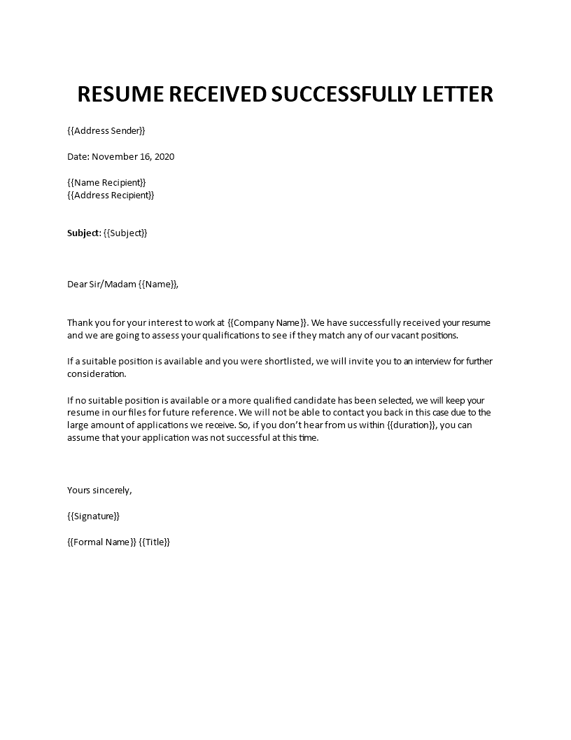 acknowledge the receipt of a resume template