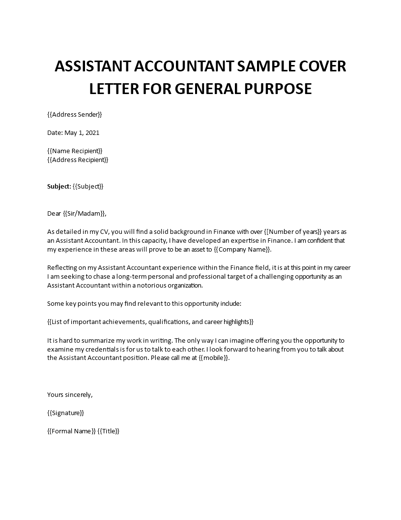 assistant accountant sample cover letter  template