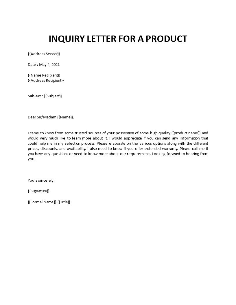 inquiry letter for product