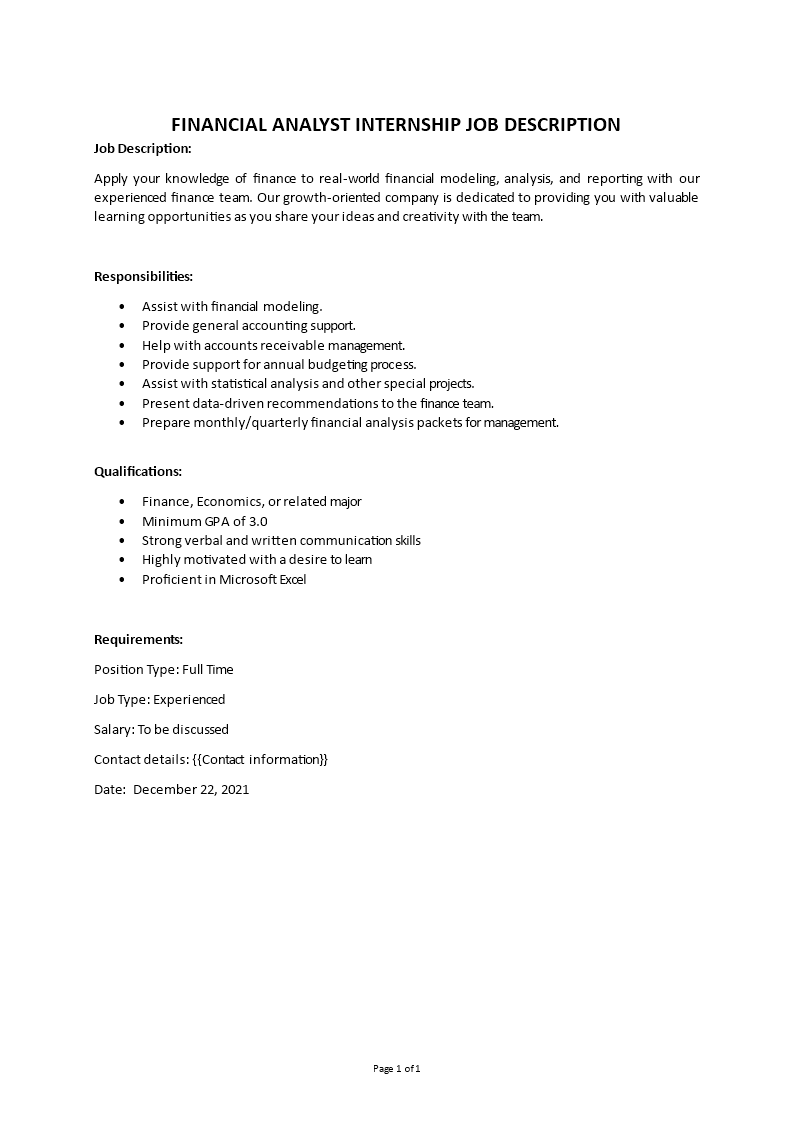 financial analyst internship job description