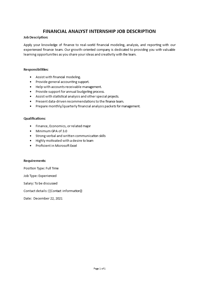 financial analyst internship job description Main Image financial analyst internship job description template