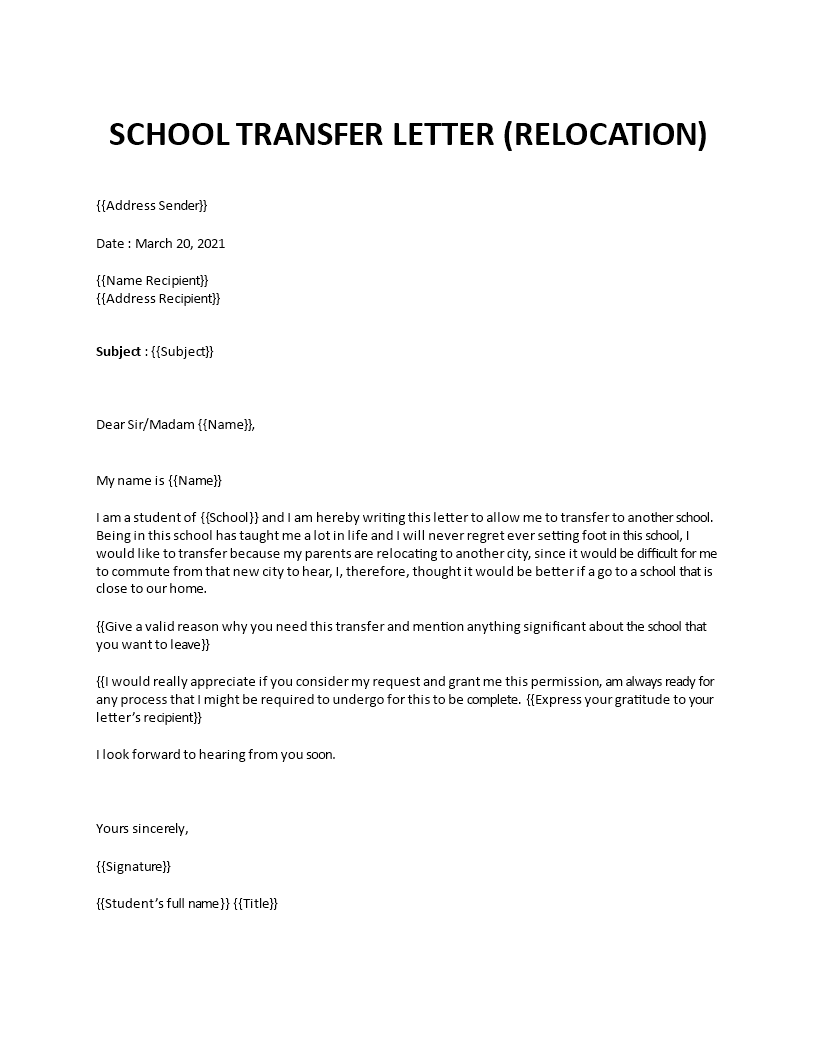transfer letter example Main Image transfer letter example