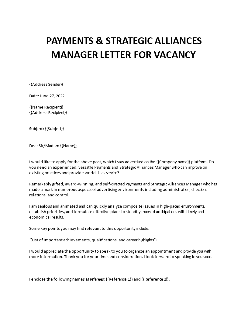 payments and strategic alliances manager application letter 
