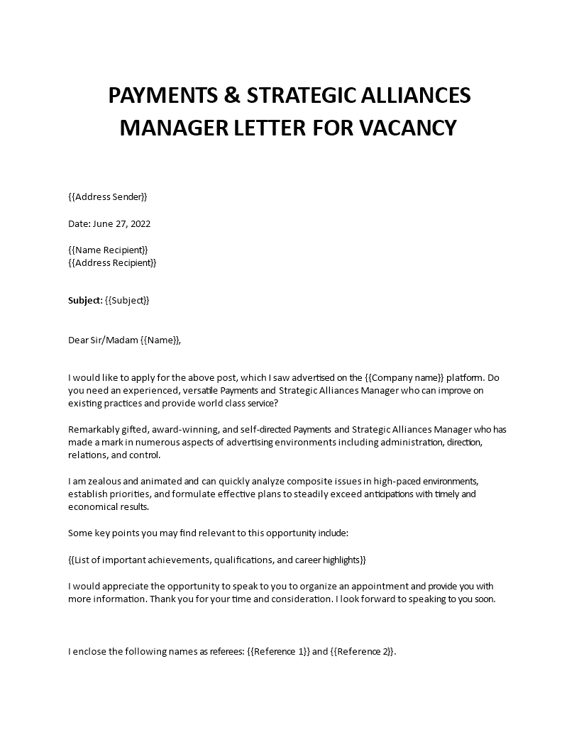 payments and strategic alliances manager application letter Main Image payments and strategic alliances manager application letter template