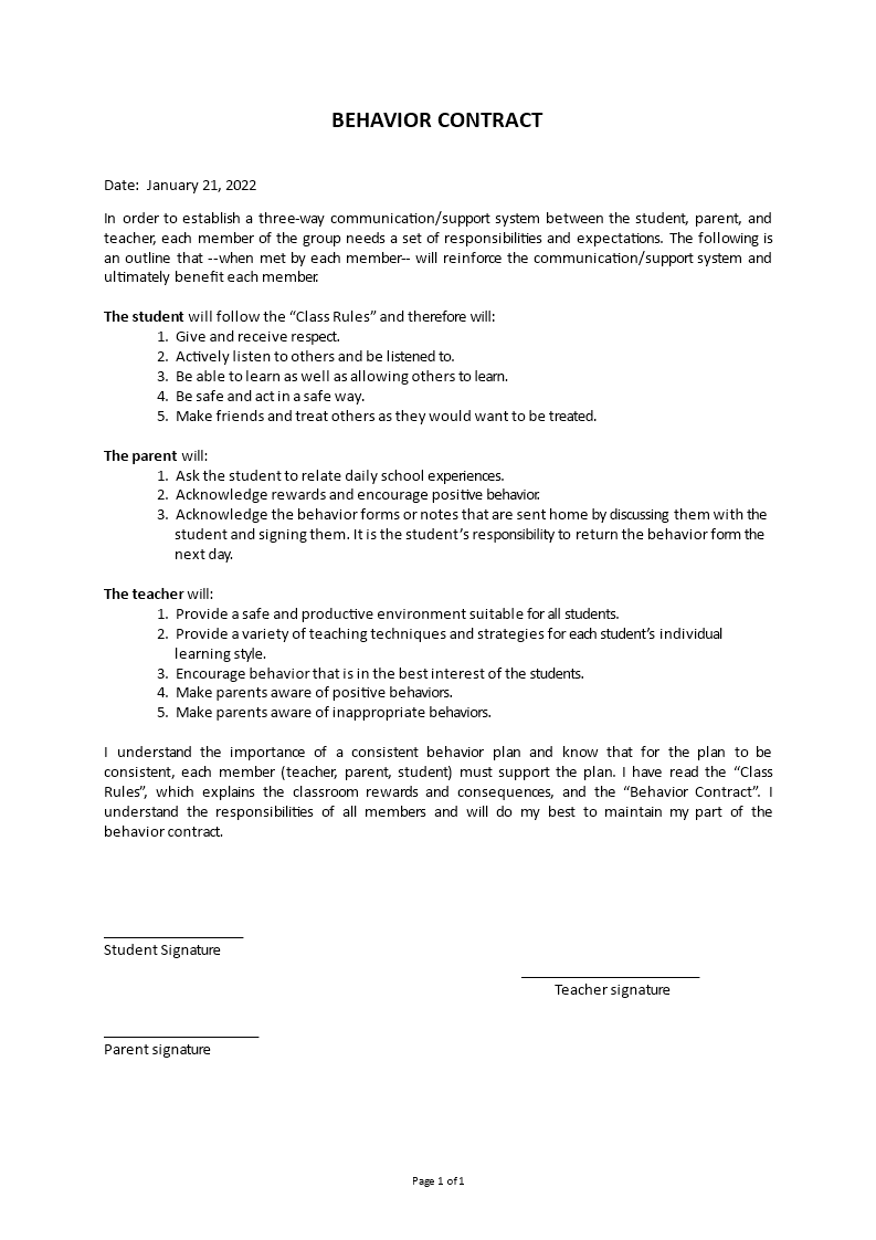 behavior contract template Main Image behavior contract template template