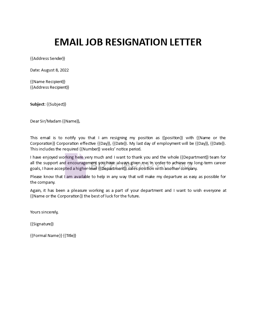 email job resignation template template