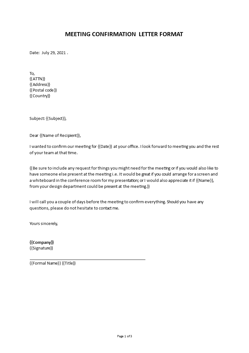 meeting confirmation letter sample template