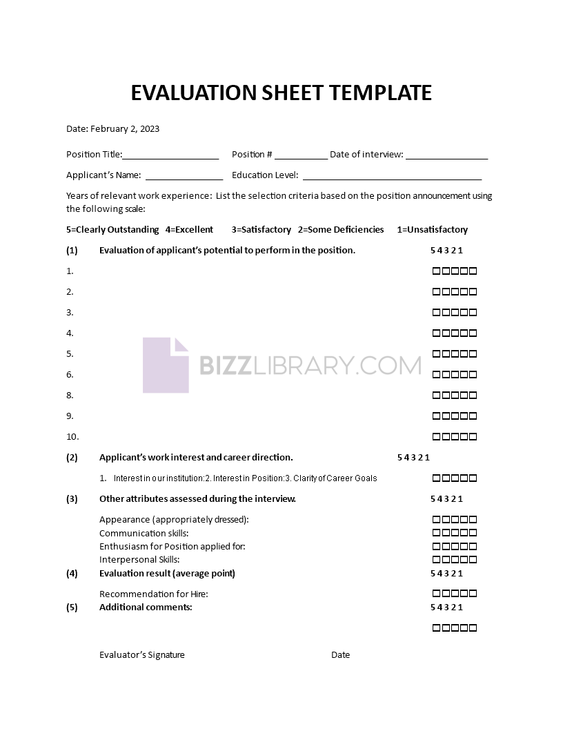 Evaluation Sheet Template