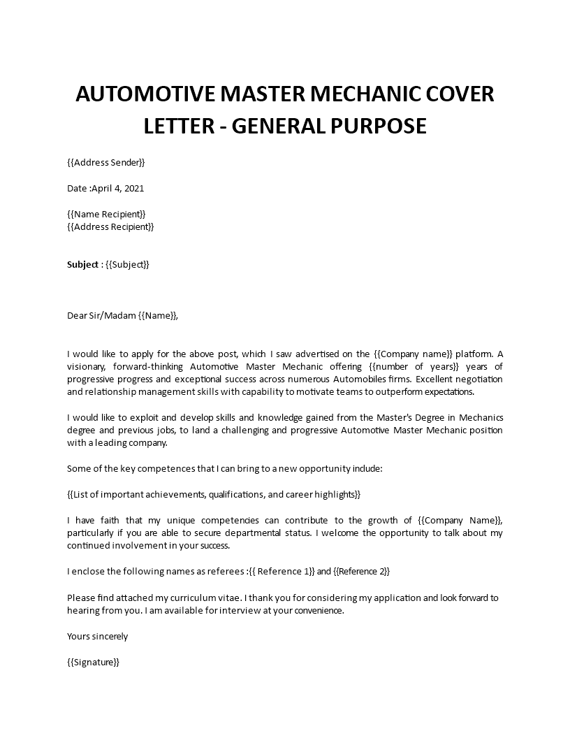 automotive master mechanic cover letter  template