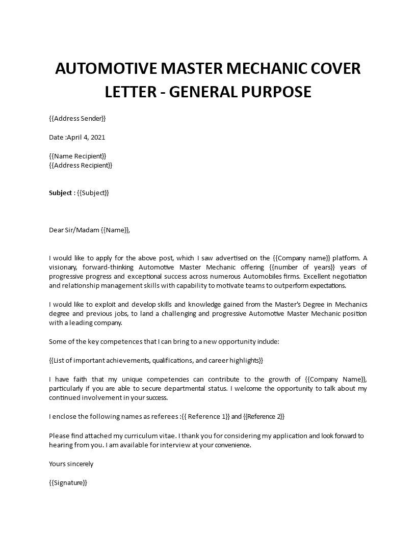 automotive master mechanic cover letter Main Image automotive master mechanic cover letter template