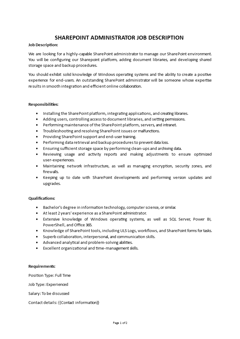 sharepoint administrator job description template