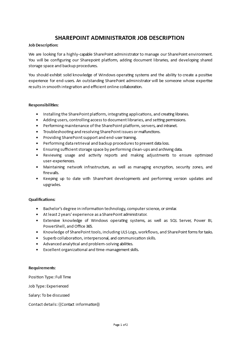 sharepoint administrator job description Main Image sharepoint administrator job description template