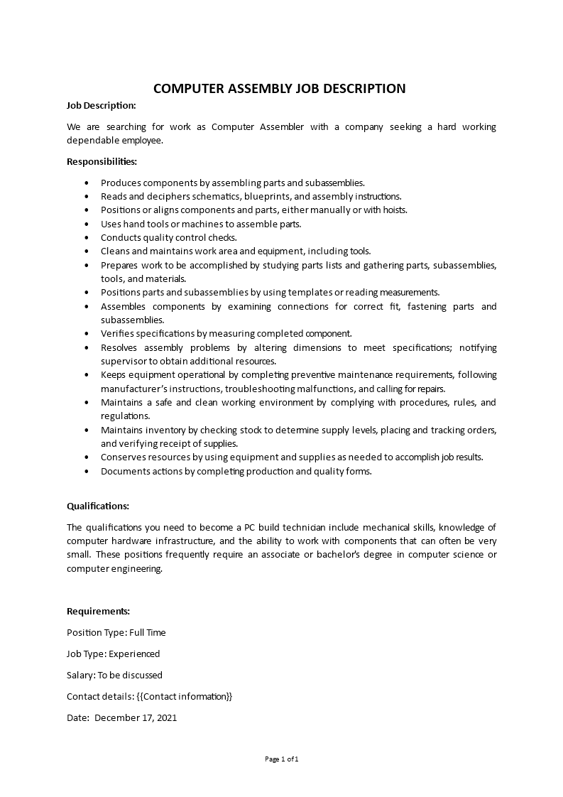 it assembly job description Main Image it assembly job description