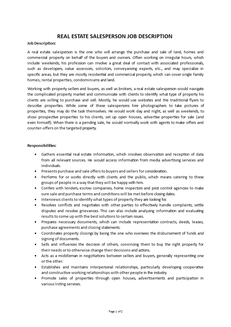real estate salesperson job description Main Image real estate salesperson job description