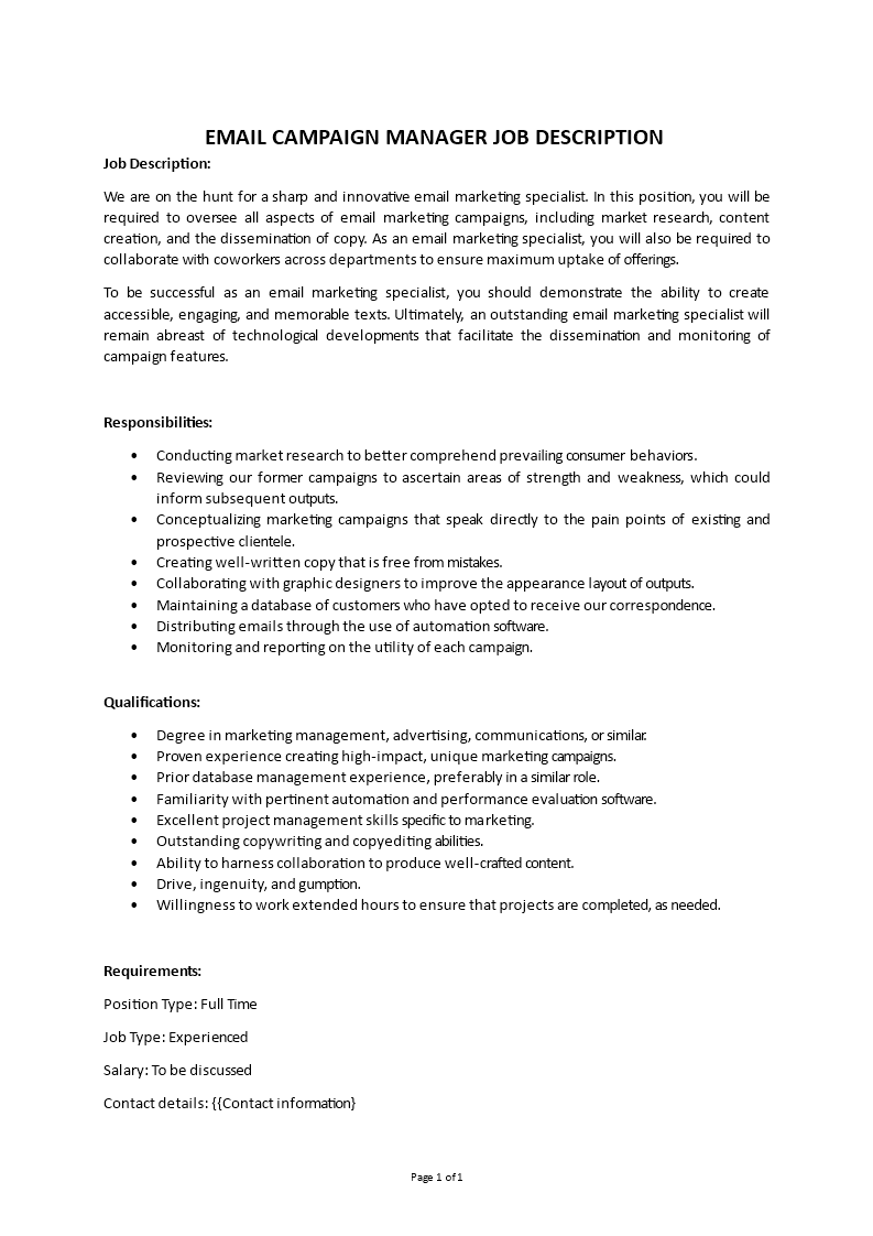 email campaign manager job description