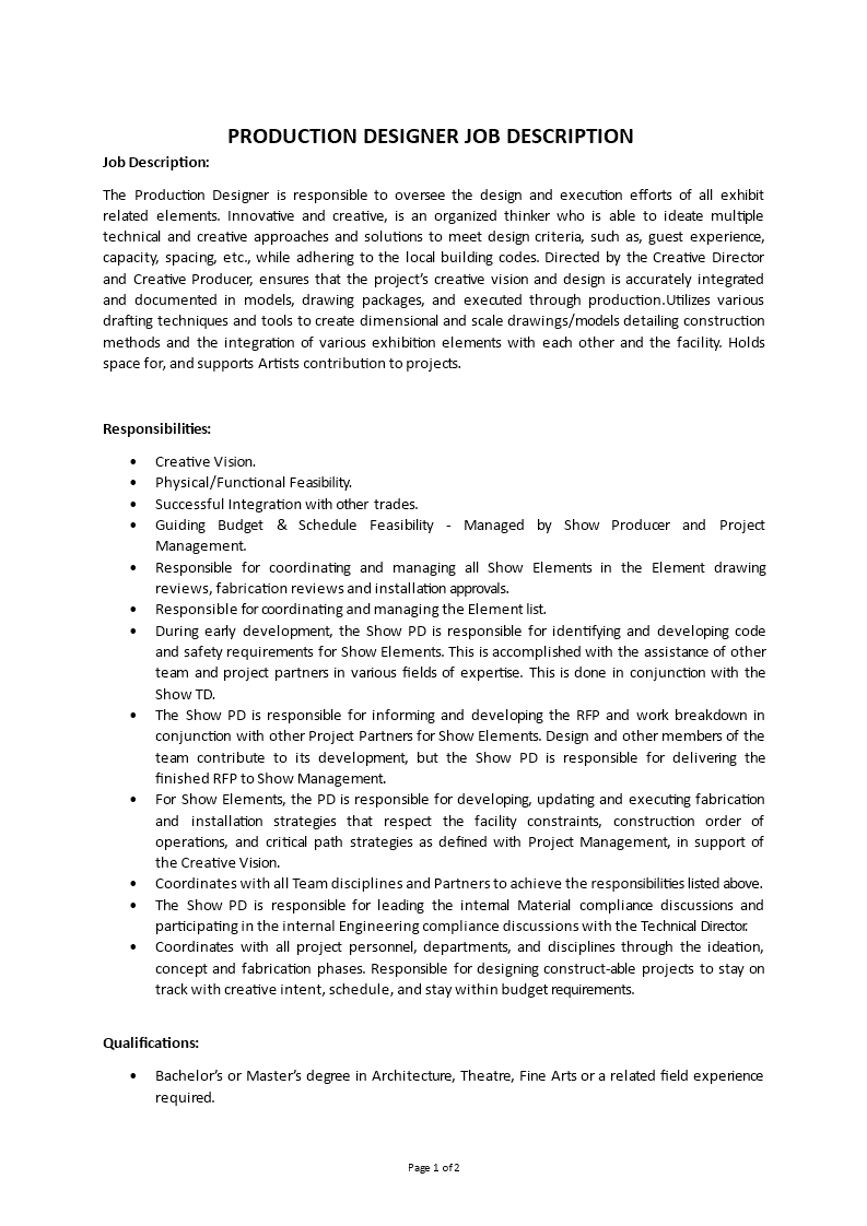 production designers job description Main Image production designers job description template