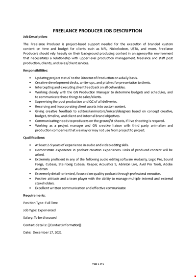 Freelance Producer Job Description