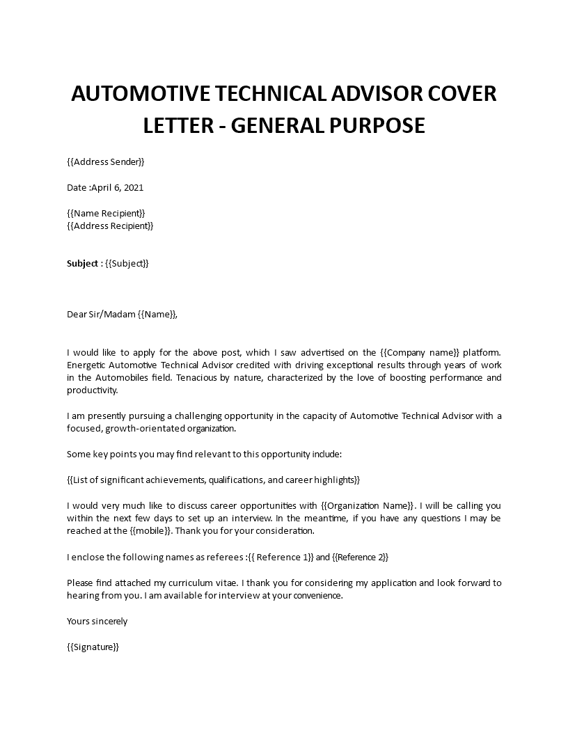 technical advisor cover letter 