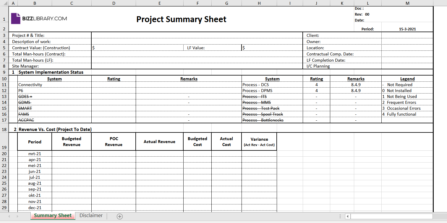 project summary sheet example