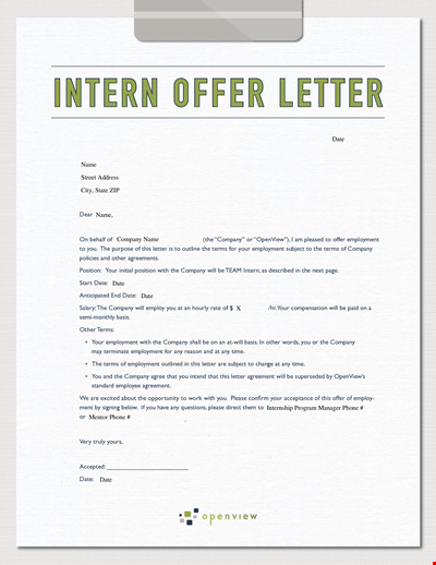 Sample Marketing Internship Offer Letter | Company Employment