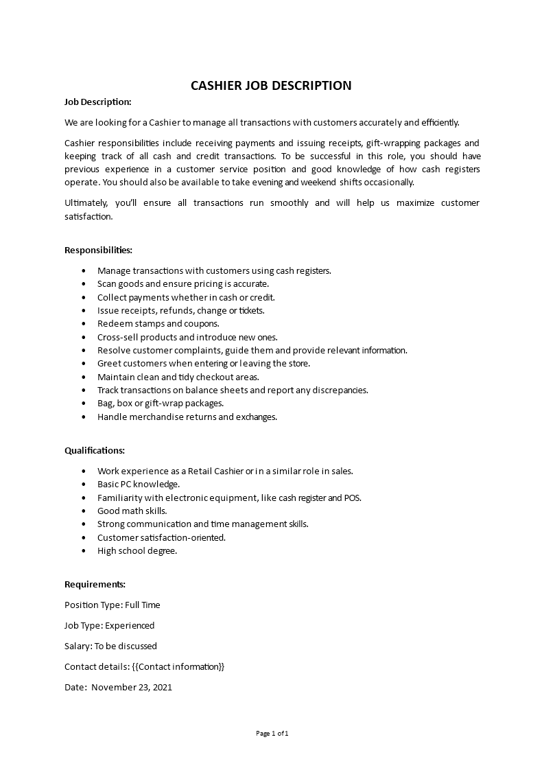 cashier job description Main Image cashier job description template