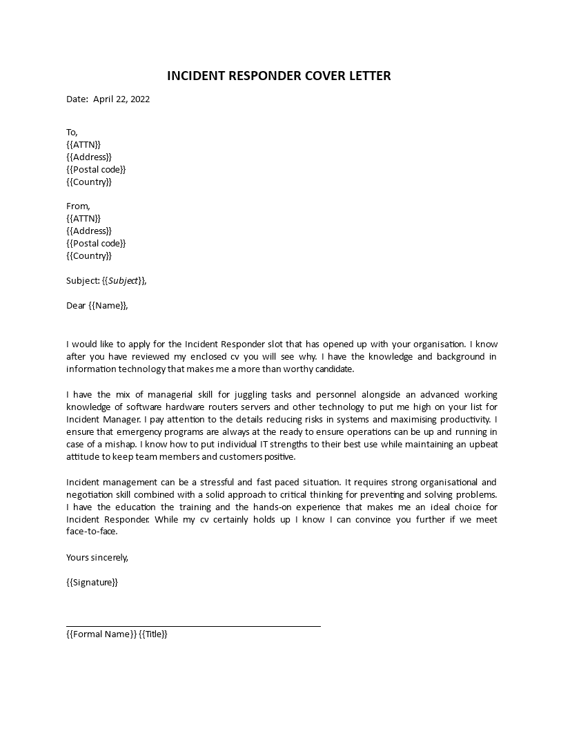 incident responder cover letter template