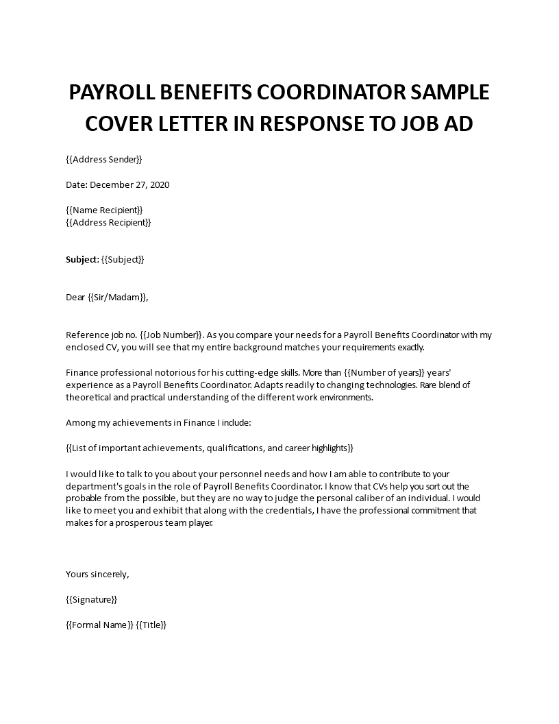 payroll benefits coordinator cover letter