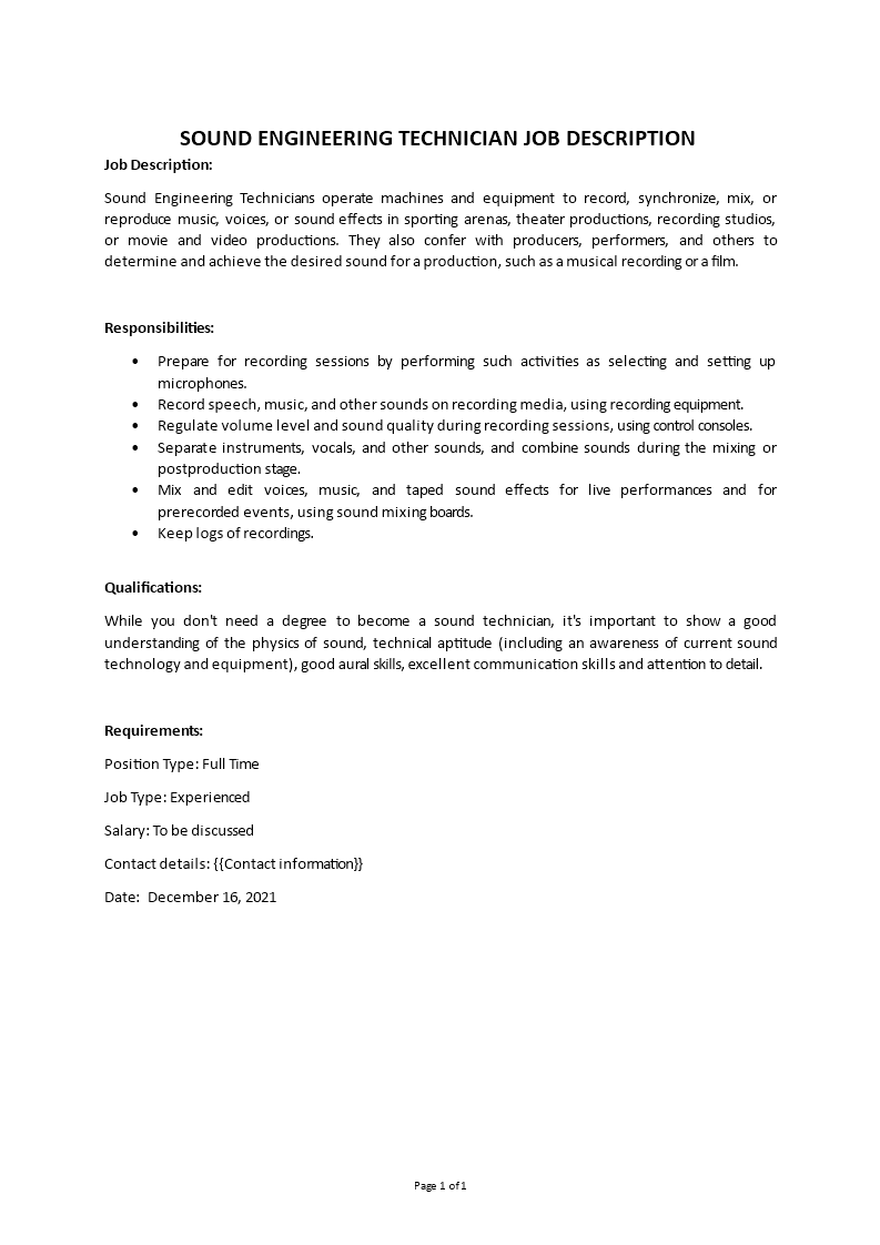 sound engineering technician job description Main Image sound engineering technician job description