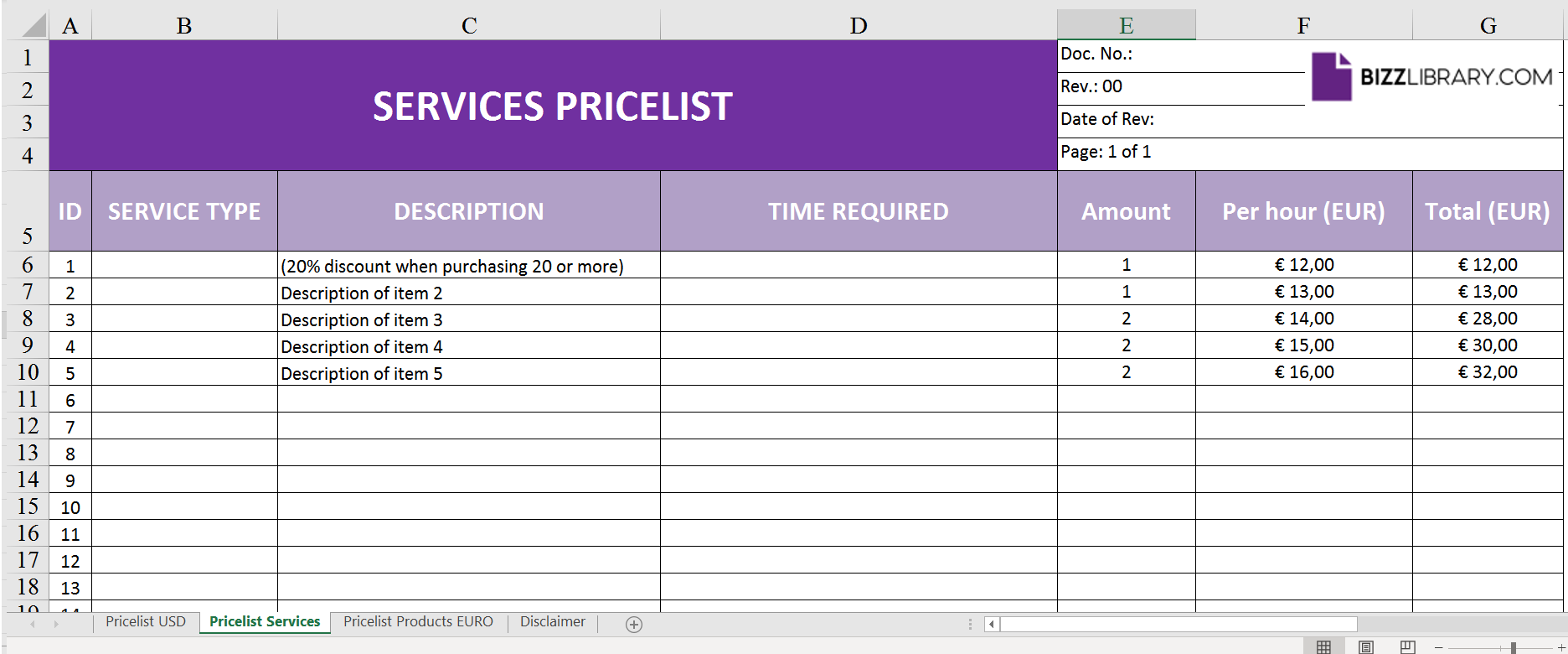 services pricelist