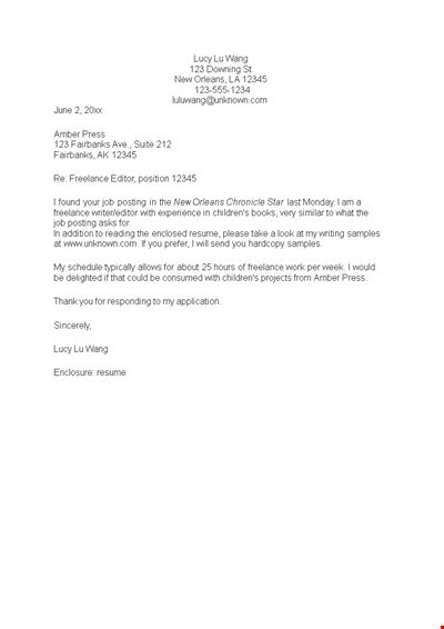 Freelance Writer Job Application Letter