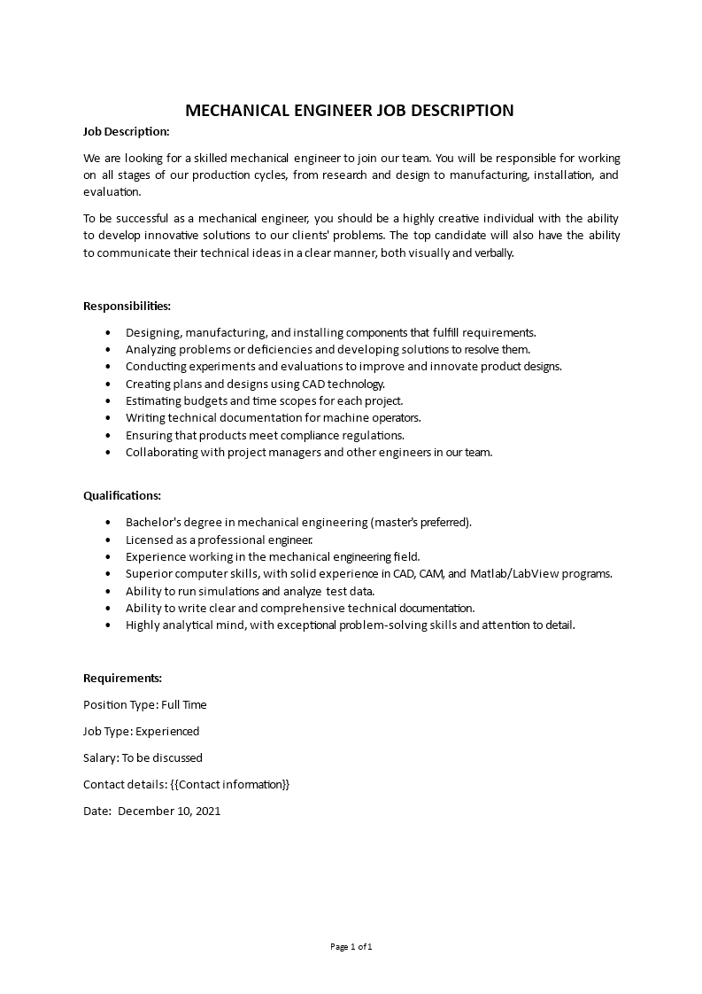 mechanical engineer job description Main Image mechanical engineer job description template