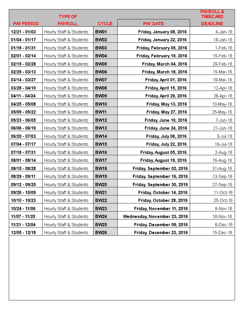 Hourly Payroll Calendar