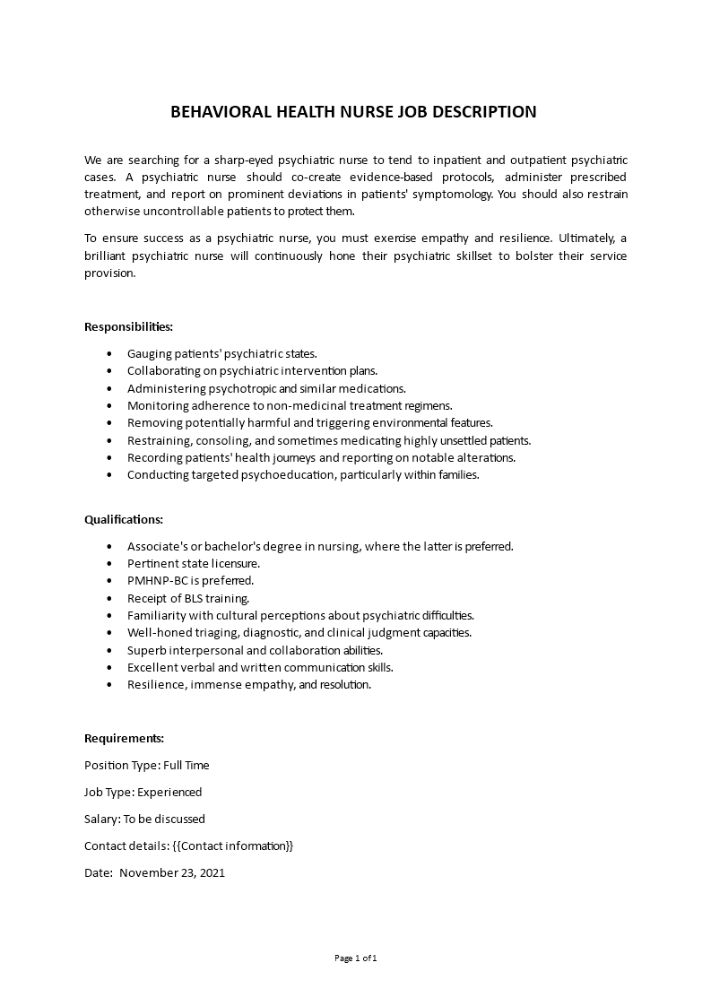 behavioral health nurse job description Main Image behavioral health nurse job description template