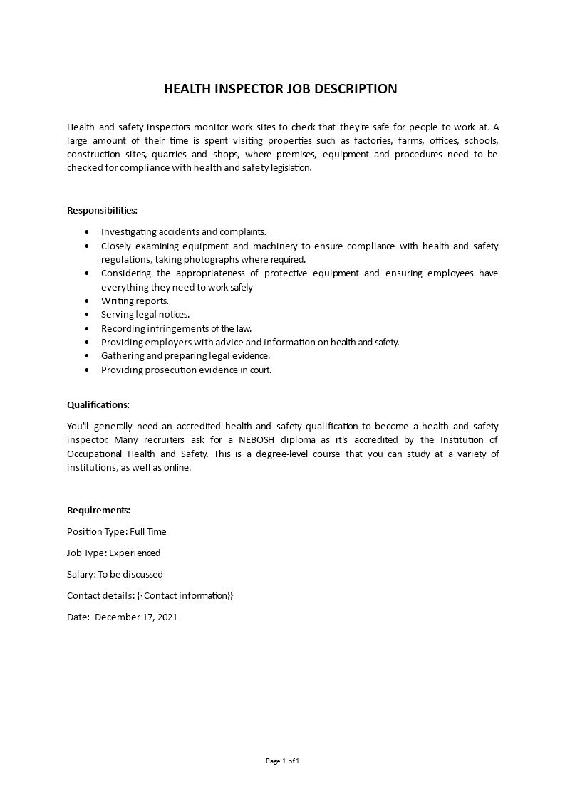 health inspector job description Main Image health inspector job description