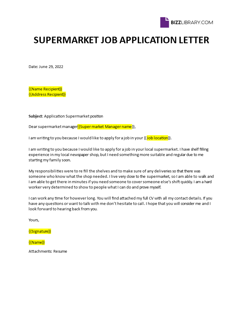 cover letter for supermarket assistant template