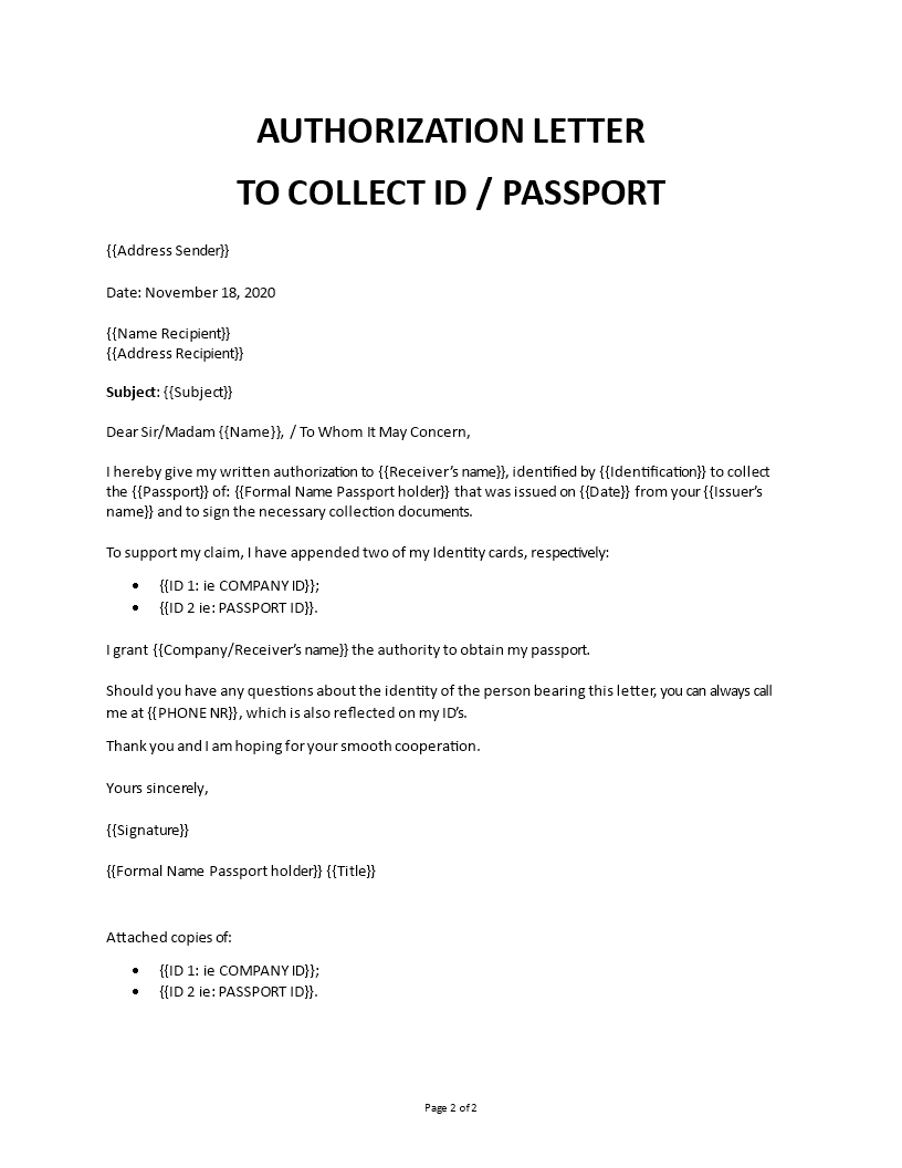 authorization letter to collect passport example